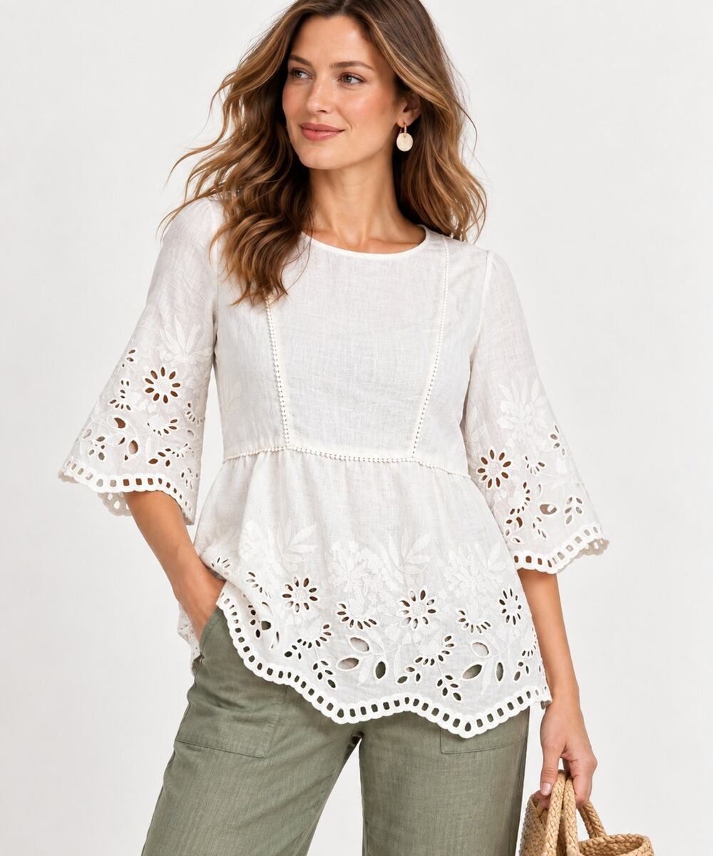 Ann Taylor White Linen Cotton Eyelet Embroidered Blouse Peplum Top Size S
